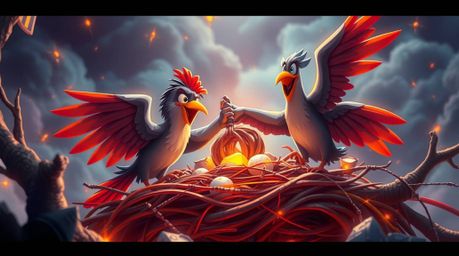 Witness an epic scene of two cartoon birds constructing their nest in a classic animation style. Rendered with electric vivi