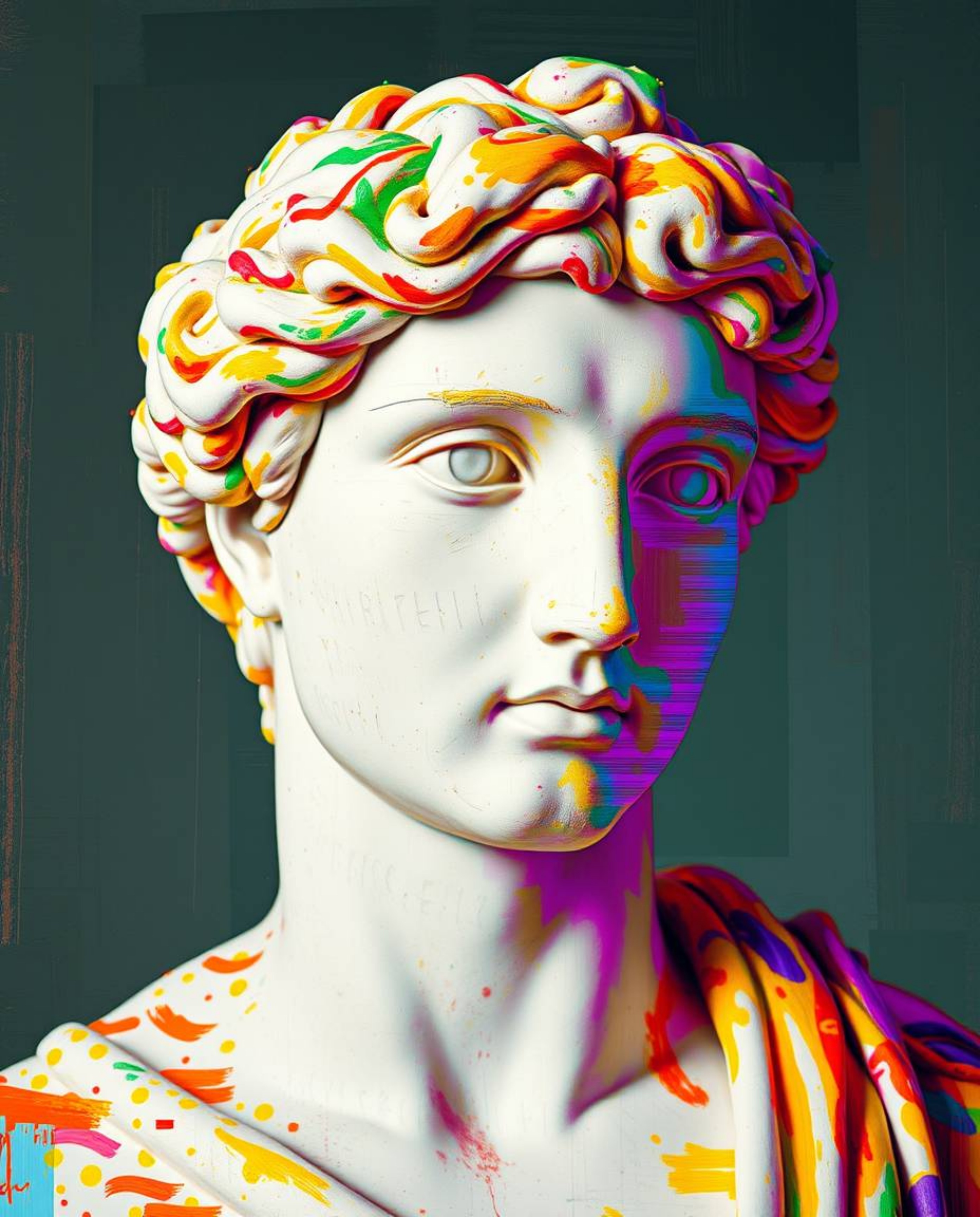 A captivating blend of classical artistry and modern digital disruption, this artwork features a classical sculpture vibrantl
