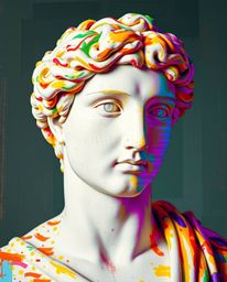 A captivating blend of classical artistry and modern digital disruption, this artwork features a classical sculpture vibrantl