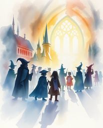 Discover a captivating watercolor painting depicting a magical school brimming with young wizards.  Silhouetted against a bri