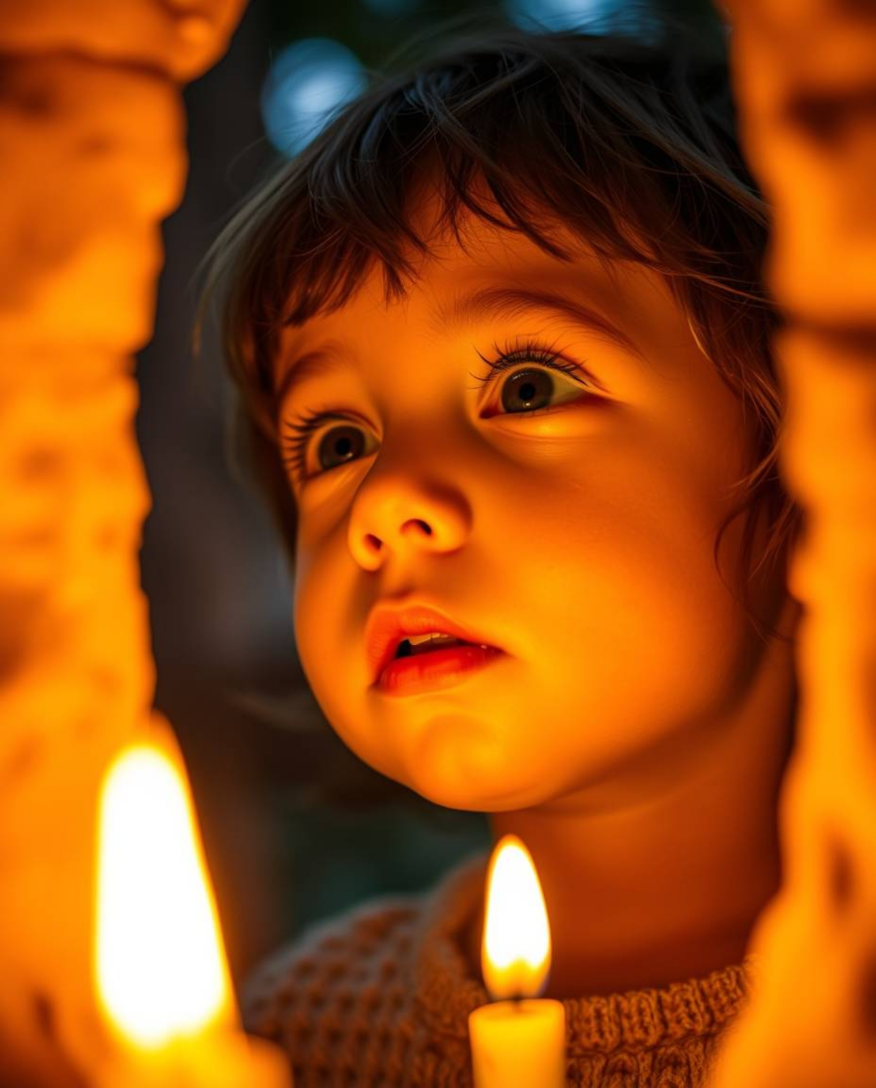 A close-up captures the awestruck expression of a child, their face bathed in the warm glow of candlelight, as they peer into