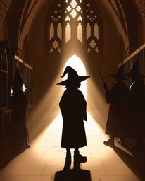 Silhouetted figures of young wizards are depicted in a magical school setting, bathed in backlighting that creates natural ea