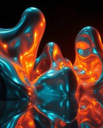 A heroic scene unfolds as epic, modern, and future-esque lens glow lighting illuminates massive sculptural 3D fluid shapes ma