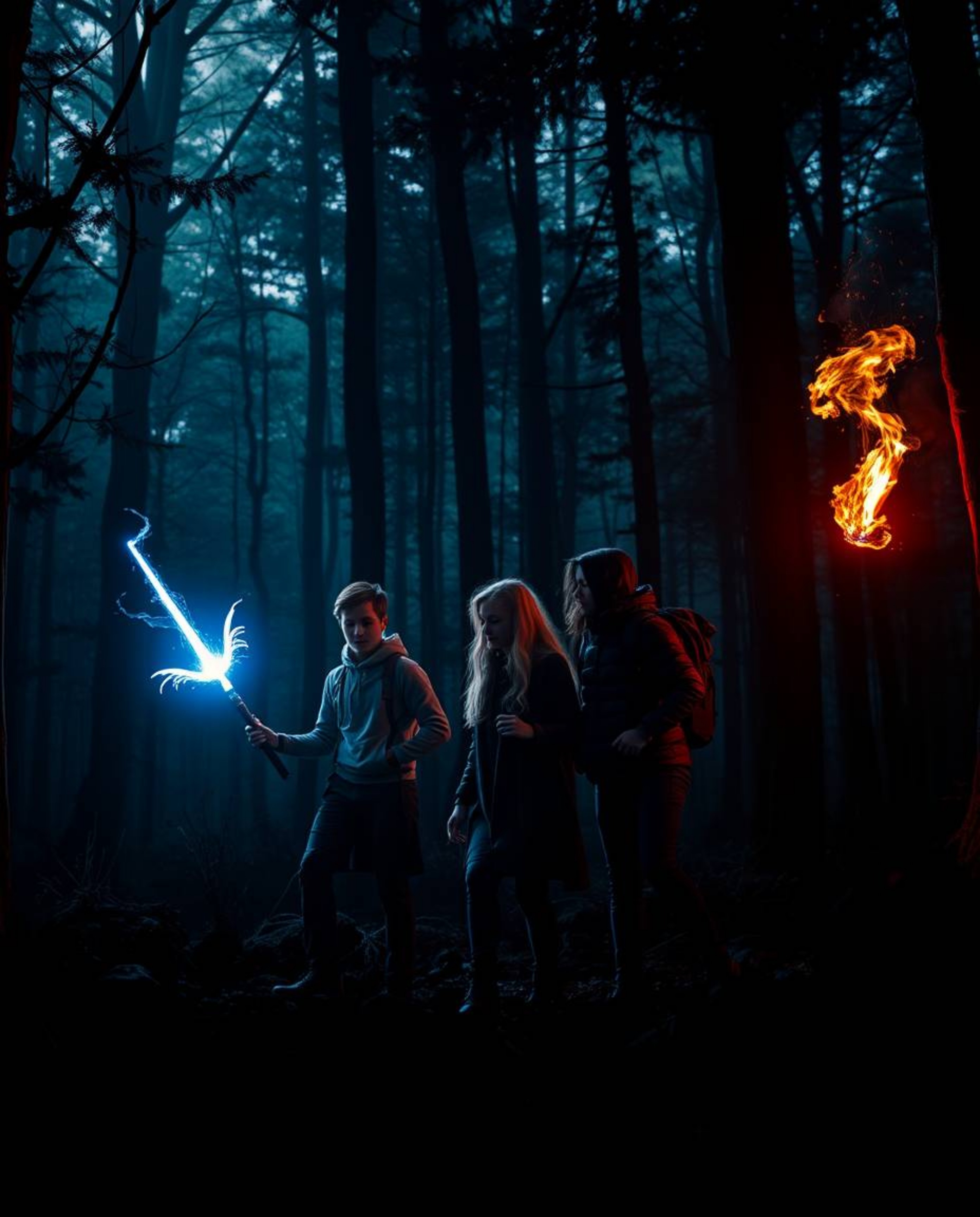 High-resolution stock photo depicting a group of friends with unique abilities exploring a mysterious forest. The image featu