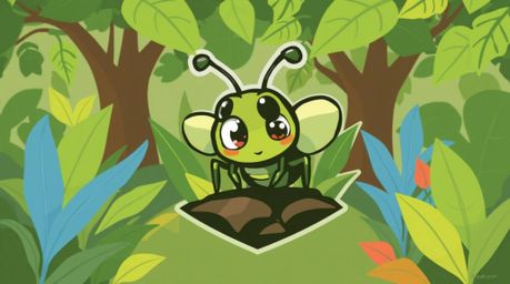 This logo design features a charming, bug-sized hero with large, expressive eyes and tiny antennae, exploring a lush backyard