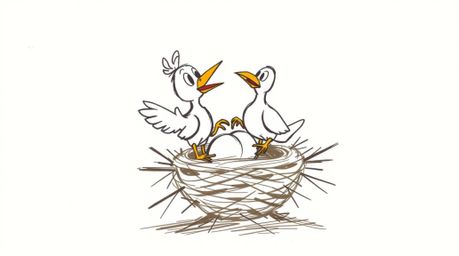 A vibrant hand-drawn sketch showcases two cartoon birds dynamically constructing a nest. The classic animation style utilize