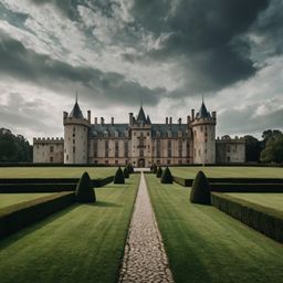 Discover an enchanting old European castle, complete with sprawling green lawns, a protective moat, and imposing large iron g