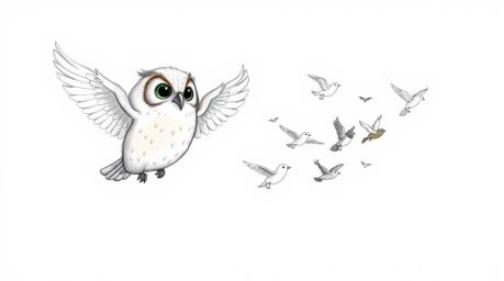 A heartwarming hand-drawn sketch in Pixar style depicts a blind owl with a gentle expression and soft, downy feathers. This i
