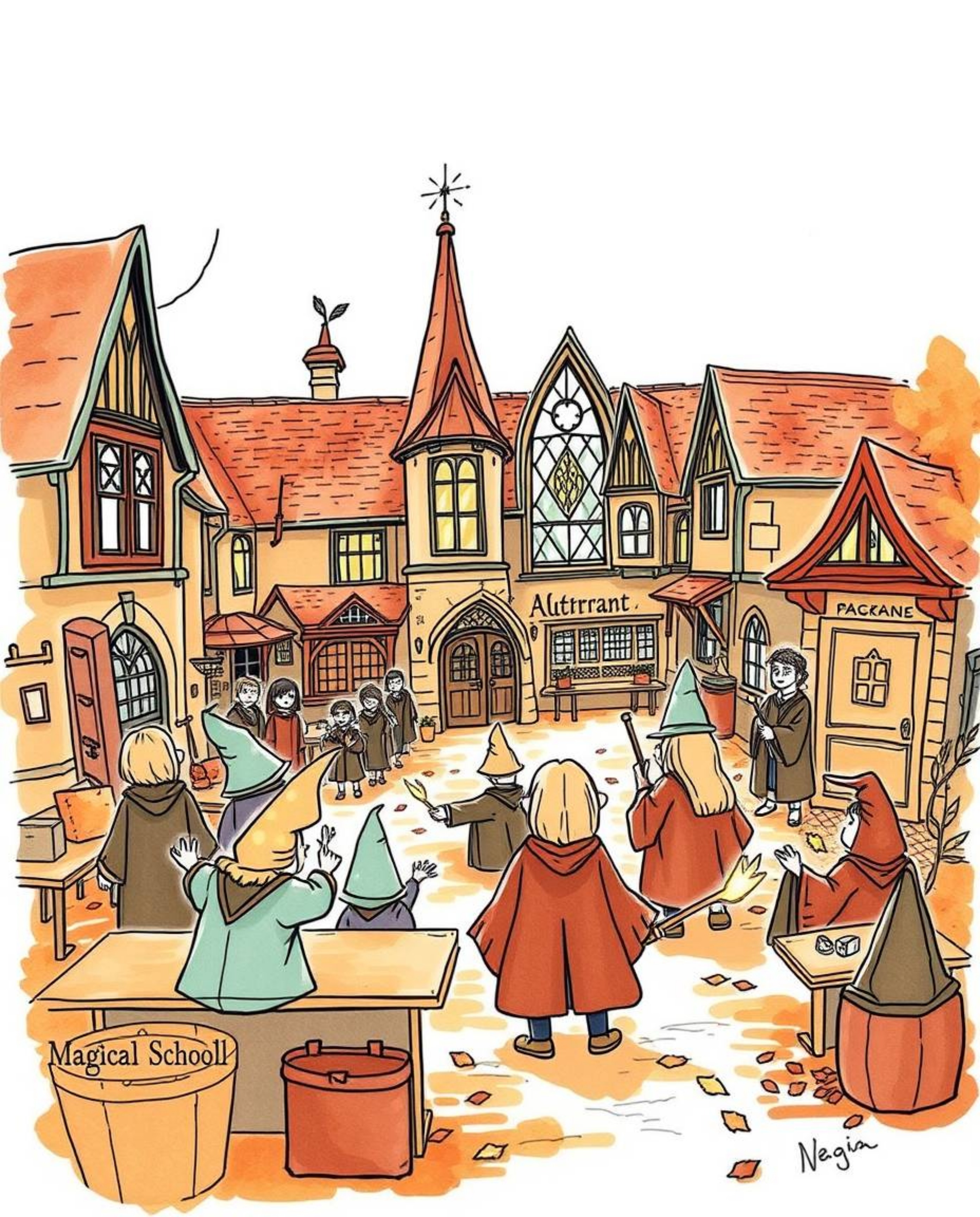 A charming hand-drawn sketch in warm autumn hues depicts a cozy magical school brimming with young wizards.  Rendered in a co