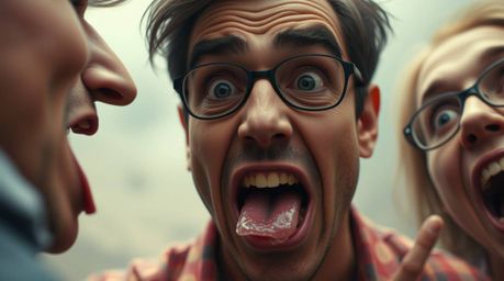 A hilarious close-up shot captures a peak gross-out comedy moment.  Exaggerated facial expressions are the star, highlighted 