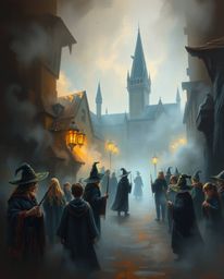 A captivating oil painting showcases a magical school shrouded in thick fog, teeming with young wizards. The artwork boasts