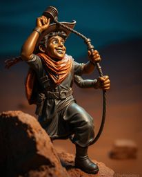 A captivating cast bronze sculpture portrays a courageous, Disney-esque hero embarking on a thrilling desert adventure.  The 