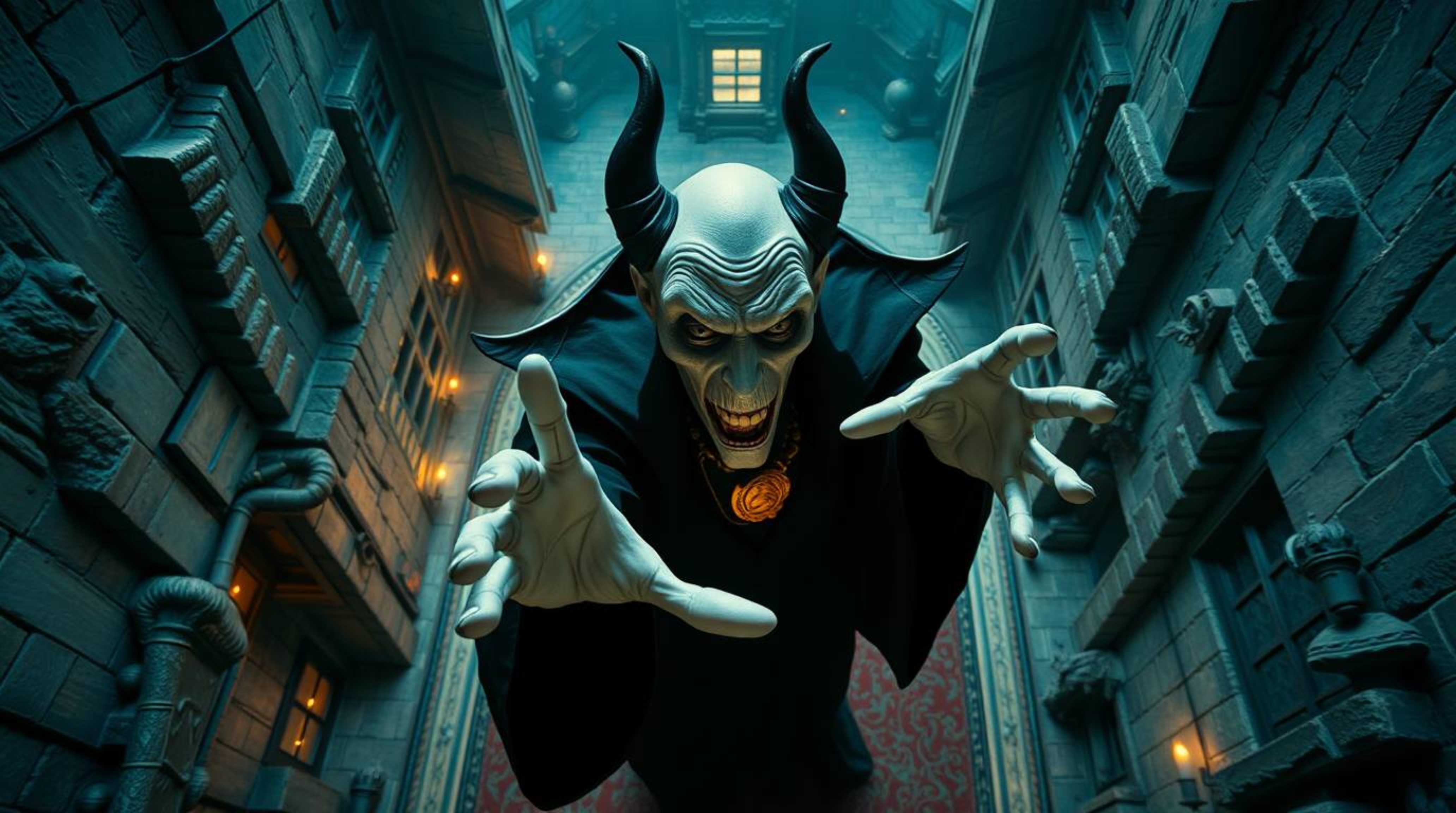 A dreamlike and surreal scene depicting a classic Disney villain with distorted features and pale skin casting a spell within