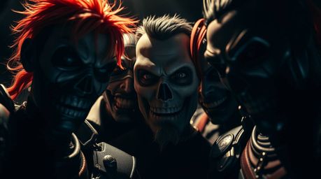 This image showcases an extreme macro close-up of a team of misfit heroes, dramatically lit with high contrast and low-key li