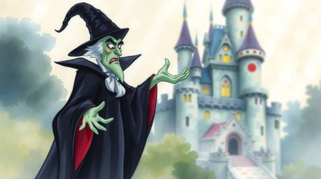 A delicate watercolor painting depicts a classic Disney villain casting a spell within an old castle. The artwork features t