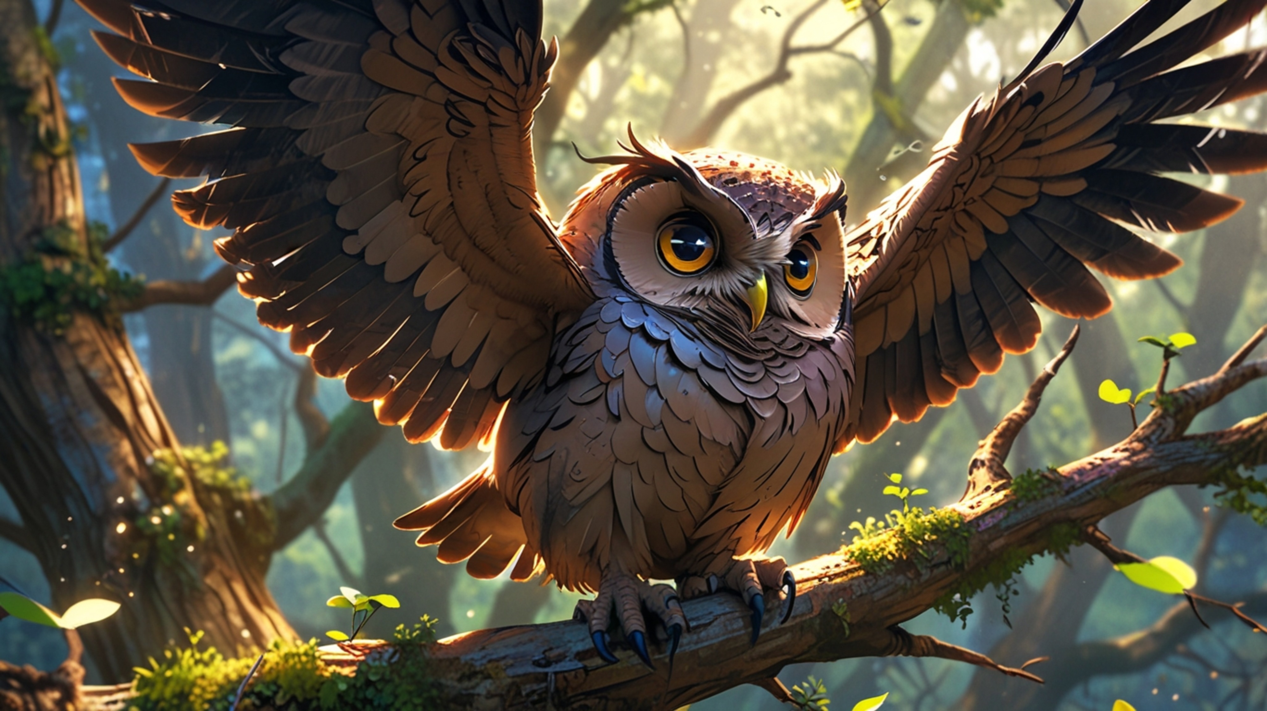 In a whimsical and enchanting scene, rendered in a beautiful fusion of Pixar and anime styles, a wise blind owl is teaching a