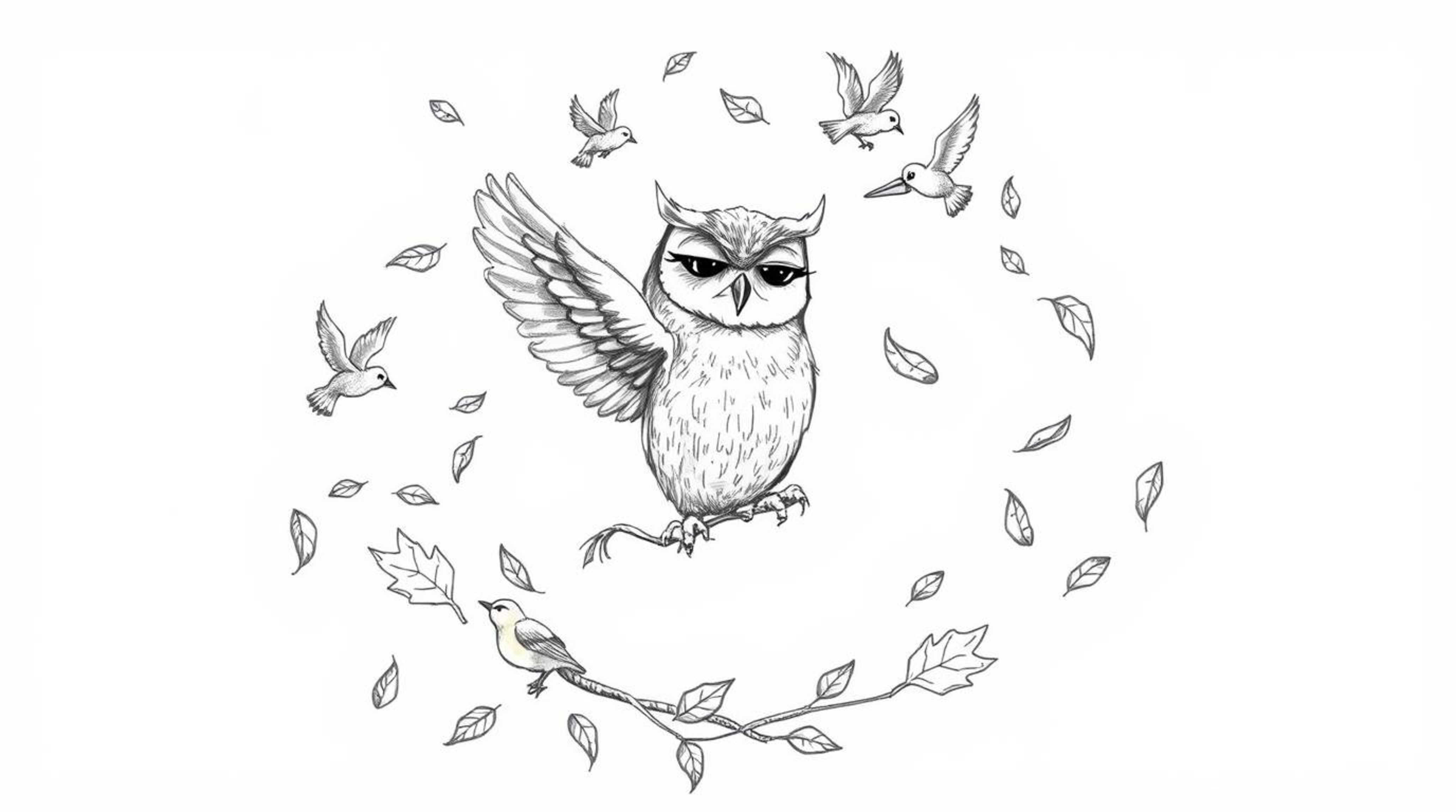 A heartwarming hand-drawn sketch in the style of Pixar, depicting a blind owl with a gentle expression teaching birds how to 