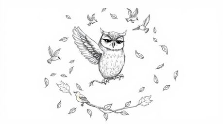 A heartwarming hand-drawn sketch in the style of Pixar, depicting a blind owl with a gentle expression teaching birds how to 