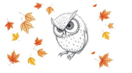 A captivating hand-drawn pencil sketch depicts a blind owl in a charming Pixar-esque style. The owl gently spirals downward, 
