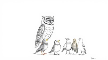 A Pixar-style hand-drawn sketch depicts a blind owl with intricately detailed feathers, patiently guiding a diverse group of 