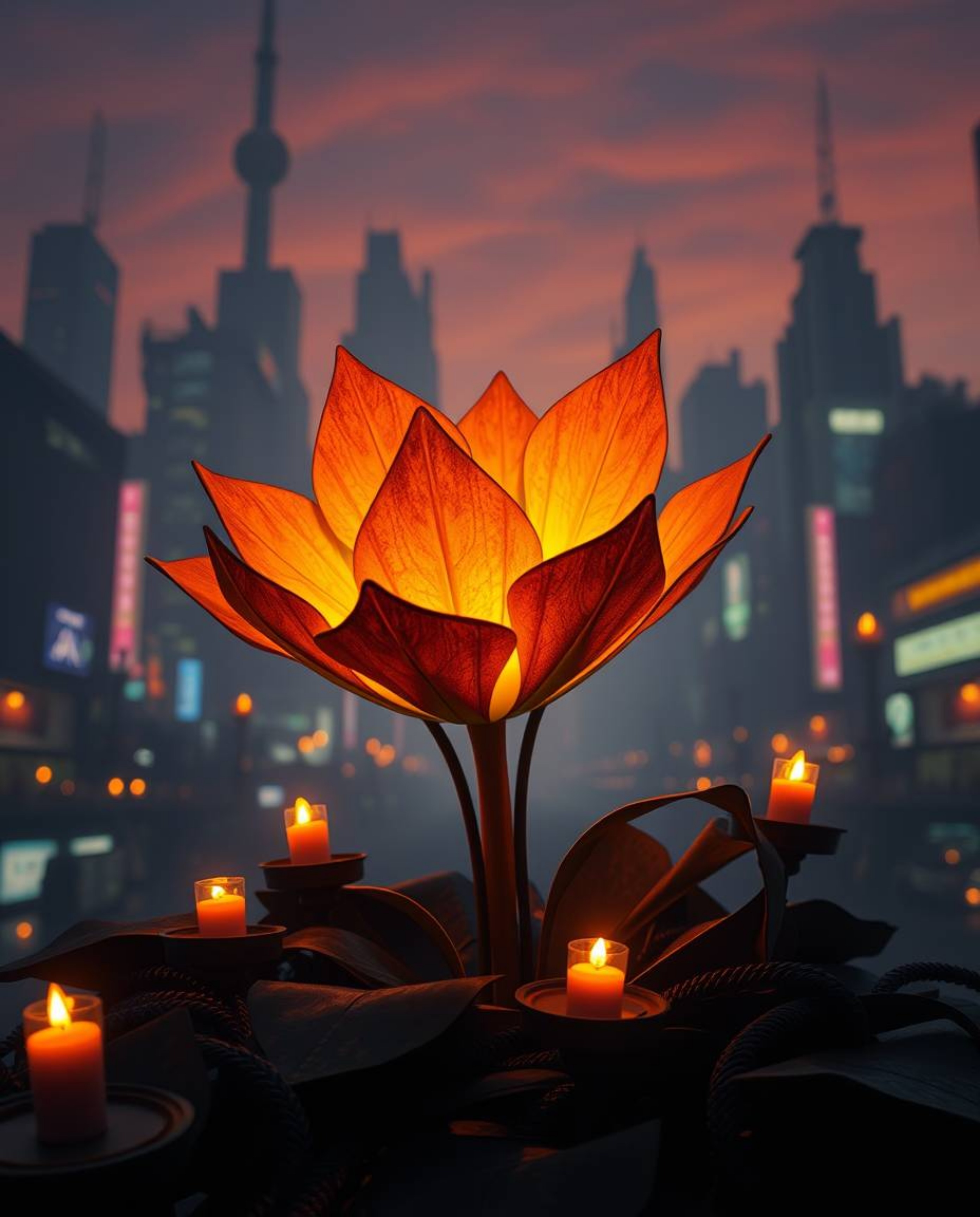 This stunning image showcases intricate origami-style flowers illuminated by a warm, epic lens glow within the ruins of a pos