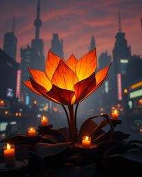 This stunning image showcases intricate origami-style flowers illuminated by a warm, epic lens glow within the ruins of a pos