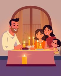 Experience a heartwarming family reunion in a modern Pixar-inspired style, featuring a flat design aesthetic, warm candleligh