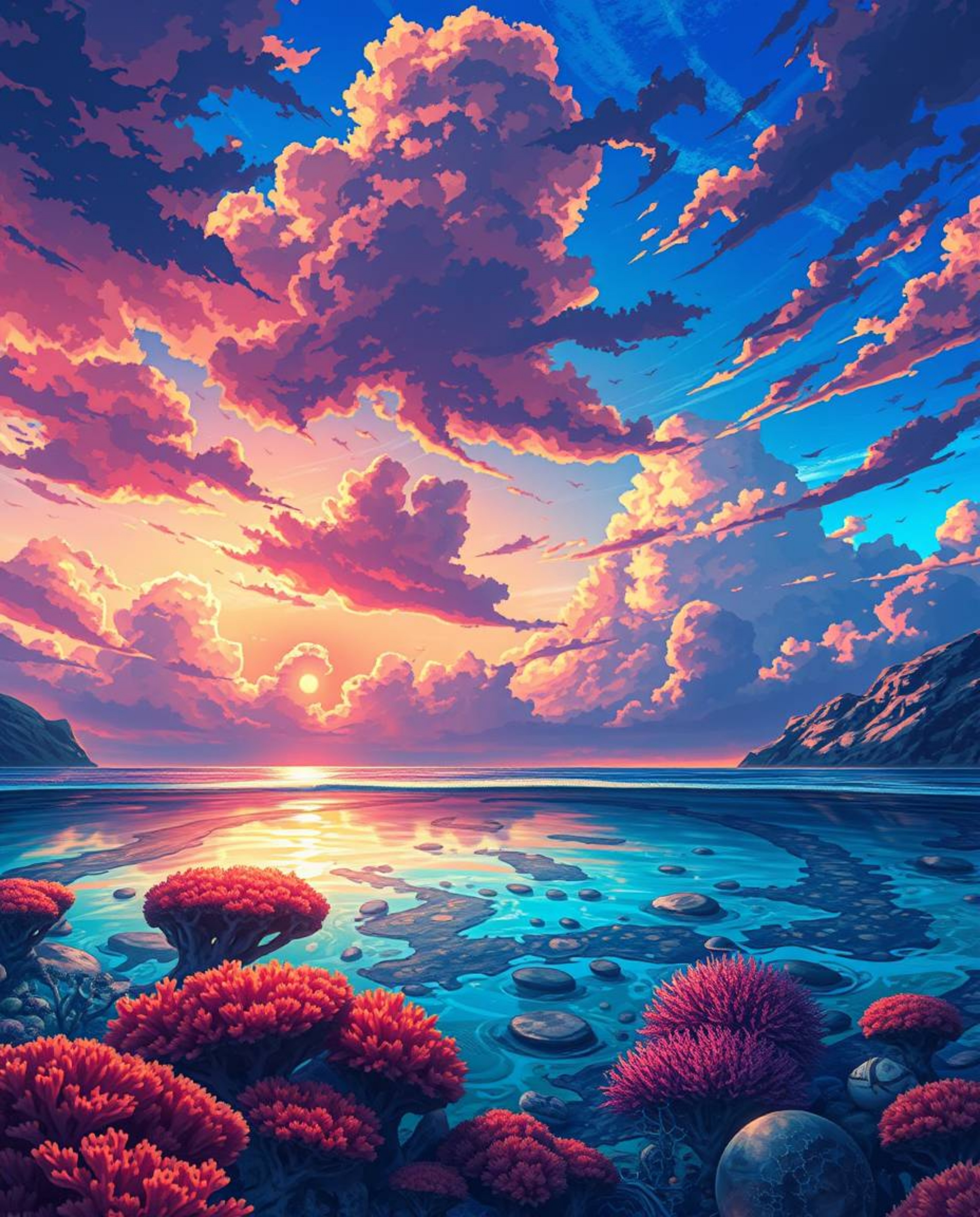 An artwork in an Isekai anime style depicts a coral reef at low tide under a colorful sky. The piece is characterized by its 