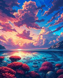 An artwork in an Isekai anime style depicts a coral reef at low tide under a colorful sky. The piece is characterized by its 