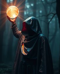 A cloaked figure stands amidst a misty forest, holding aloft a glowing orb that radiates light beams piercing through the fog