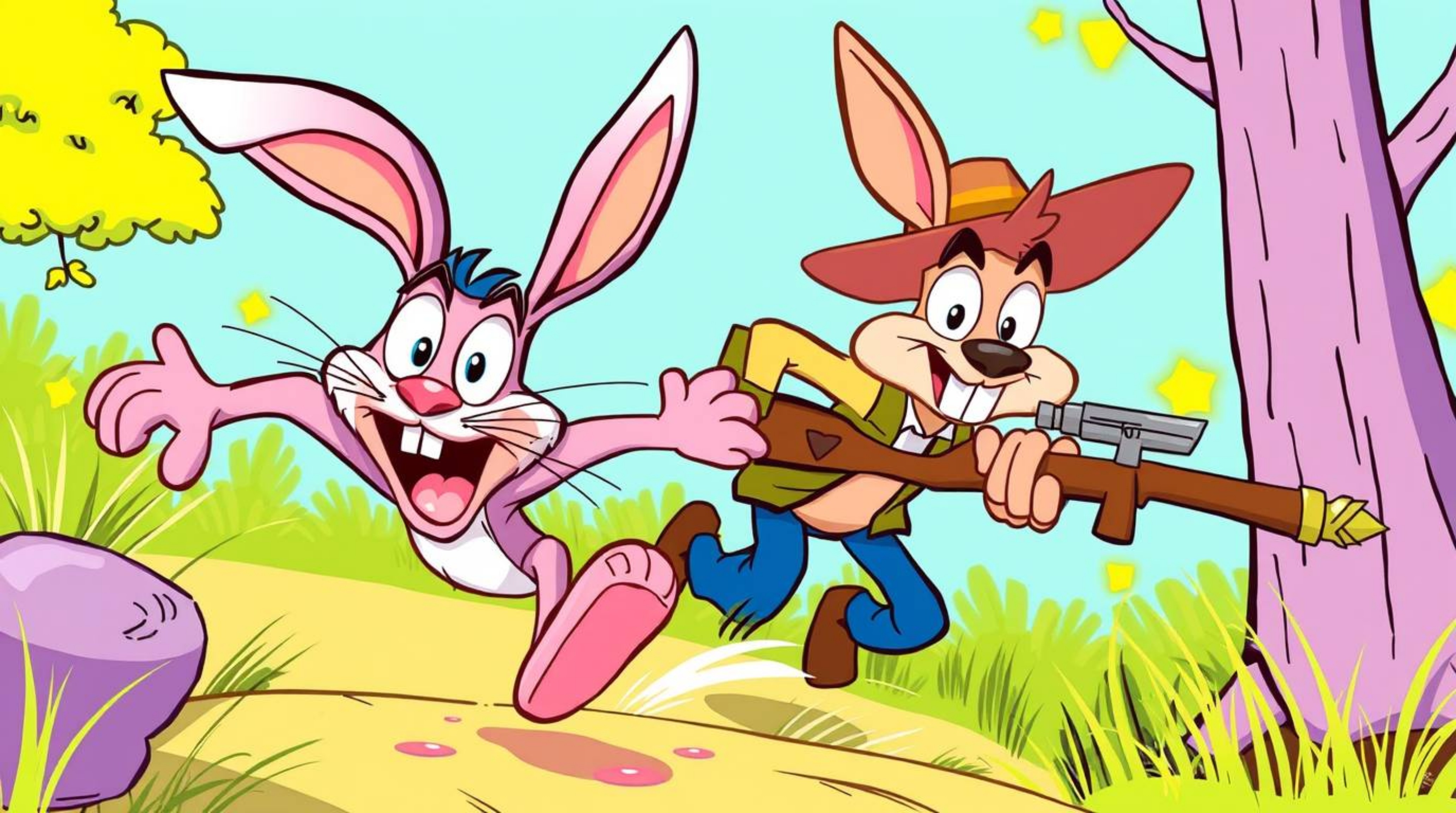 A wacky rabbit with bright, colorful fur and expressive eyes is the star of this lively and energetic scene. Outrunning a det