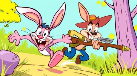 A wacky rabbit with bright, colorful fur and expressive eyes is the star of this lively and energetic scene. Outrunning a det