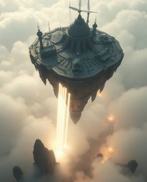 Experience a breathtaking aerial view of a surreal floating island, adorned with bizarre and captivating architecture. The sc