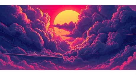 This captivating illustration blends futuristic sci-fi elements with the dramatic beauty of a sunset thunderstorm. Vibrant co