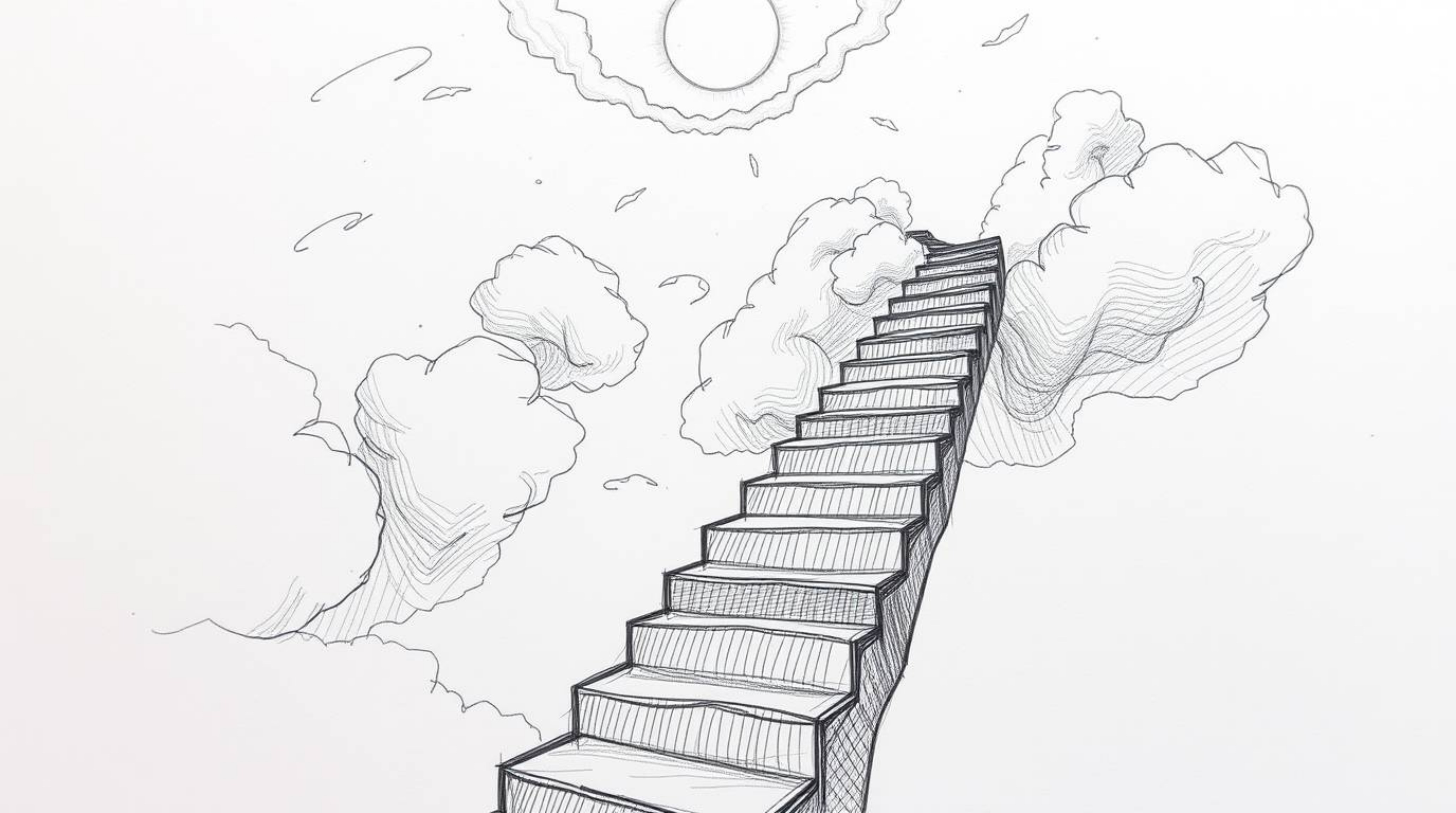 Explore a hand-drawn extreme macro close-up sketch depicting a surreal stairway suspended in mid-air, gracefully winding thro