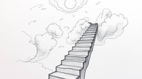 Explore a hand-drawn extreme macro close-up sketch depicting a surreal stairway suspended in mid-air, gracefully winding thro