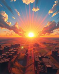 A stunning high-angle perspective painting depicting a sunrise over a war-torn landscape. The artwork features bright lens fl