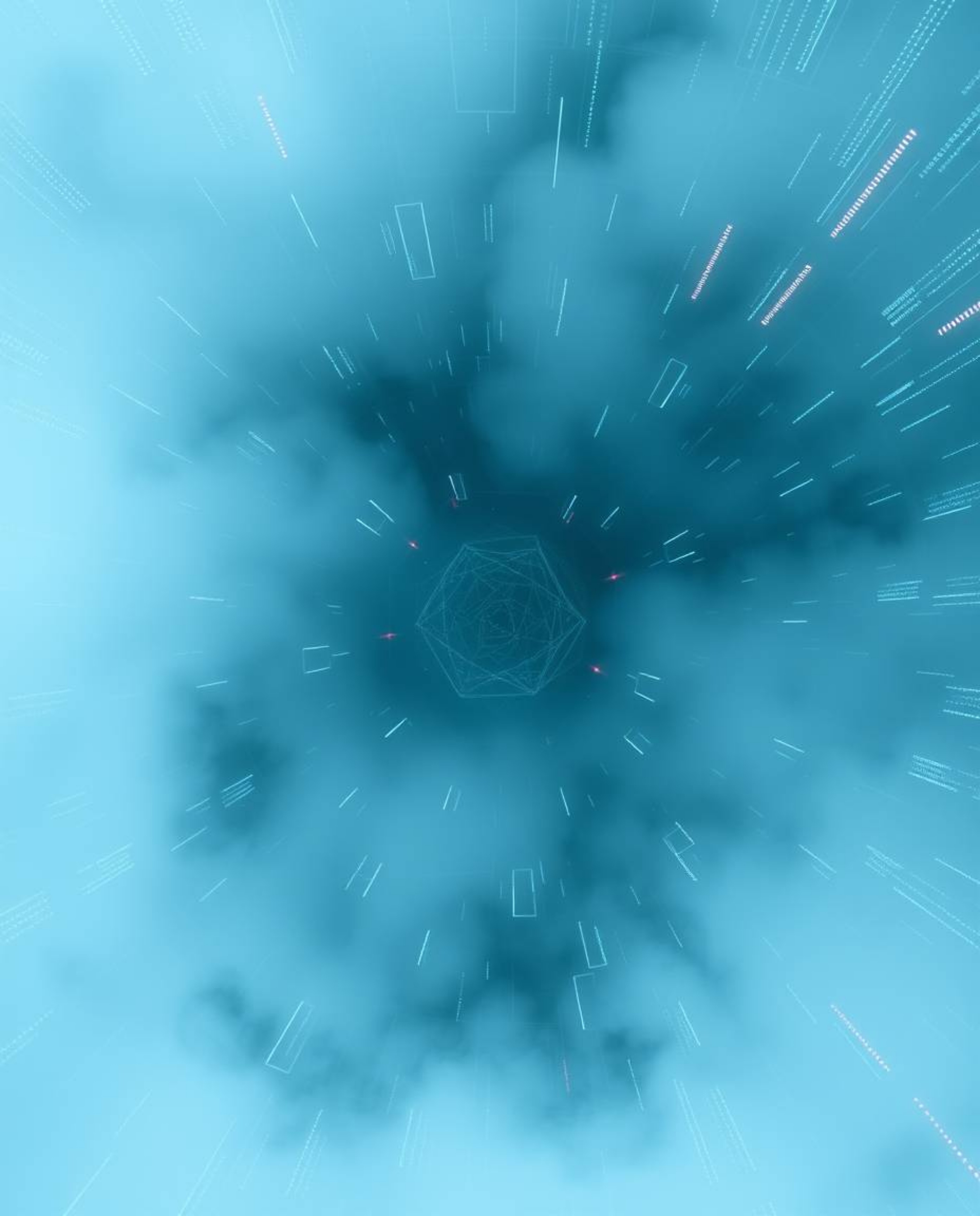 Overhead bird’s-eye view photograph depicting glitched geometric shapes suspended within a cyberspace matrix, heavily obscure