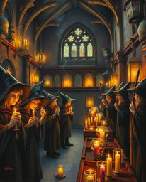A captivating classic oil painting depicts a magical school brimming with young wizards.  Illuminated by the warm glow of fli