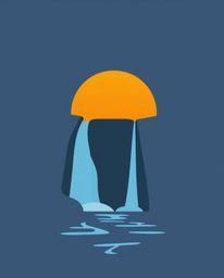 A modern flat design illustration of a sun setting behind a simplified, two-dimensional waterfall. This artwork is characteri