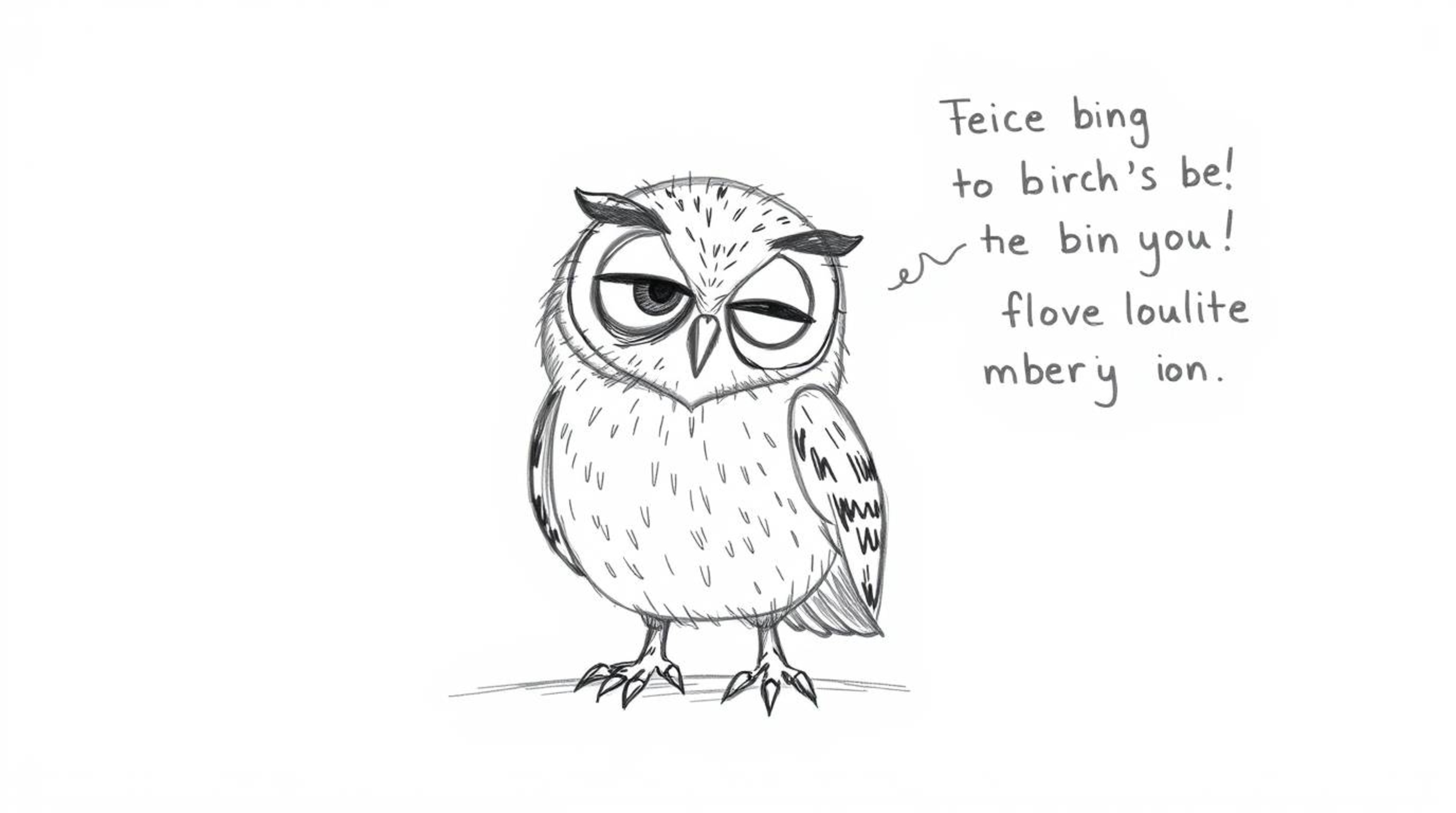 A hand-drawn sketch in the style of Pixar portrays a blind owl with textured pencil strokes guiding birds to fly.  The owl, a