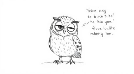 A hand-drawn sketch in the style of Pixar portrays a blind owl with textured pencil strokes guiding birds to fly.  The owl, a
