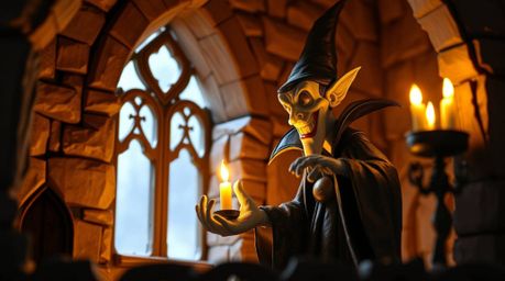A captivating papier-mâché sculpture depicting a classic Disney villain casting a spell within an ancient castle. Warm candl