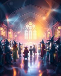 A captivating light art depiction of a magical school teeming with young wizards, showcasing smooth gradient transitions and 