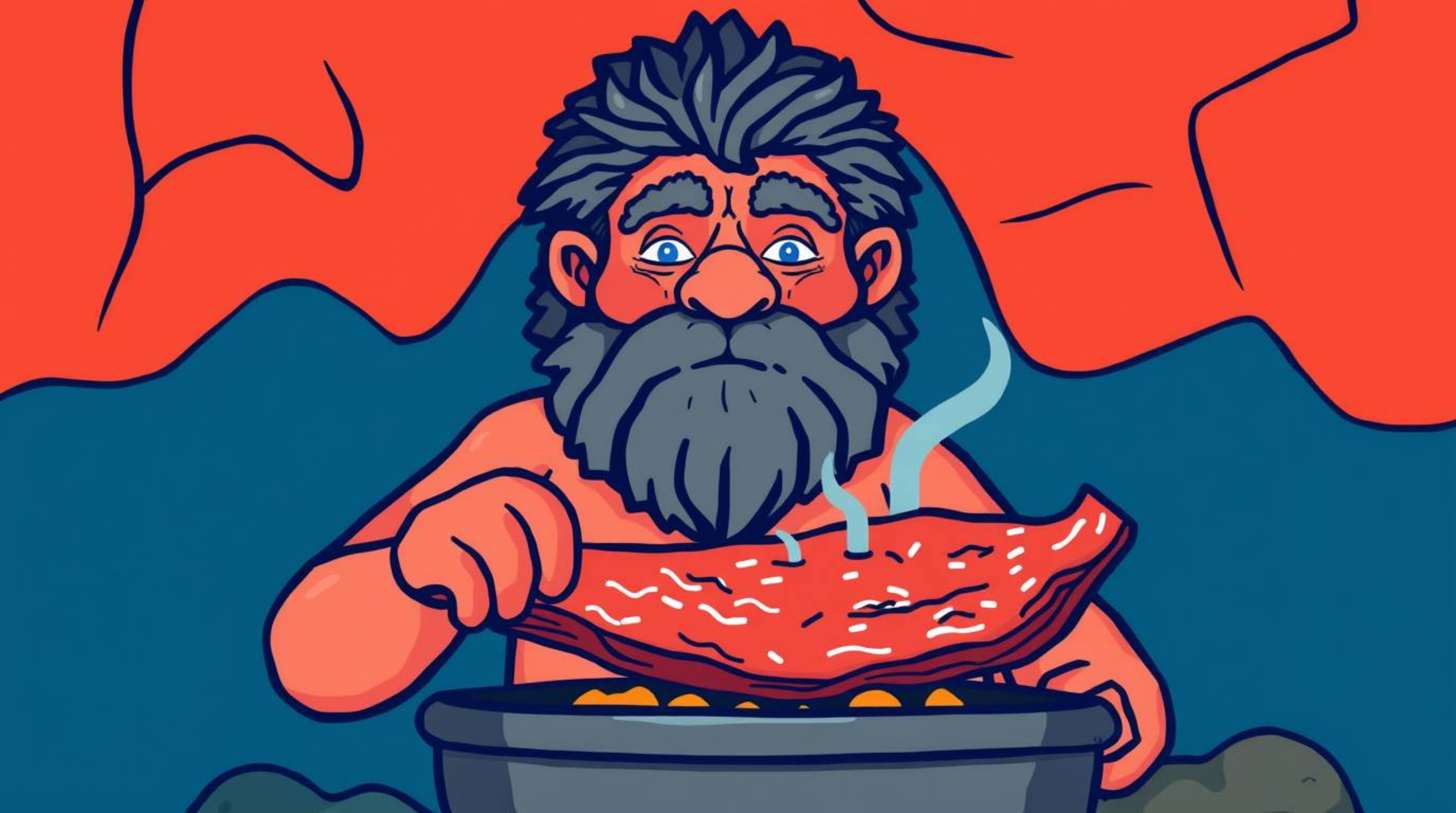 Explore a captivating scene of a caveman cooking mammoth meat, brought to life with vibrant complementary colors and bold hue