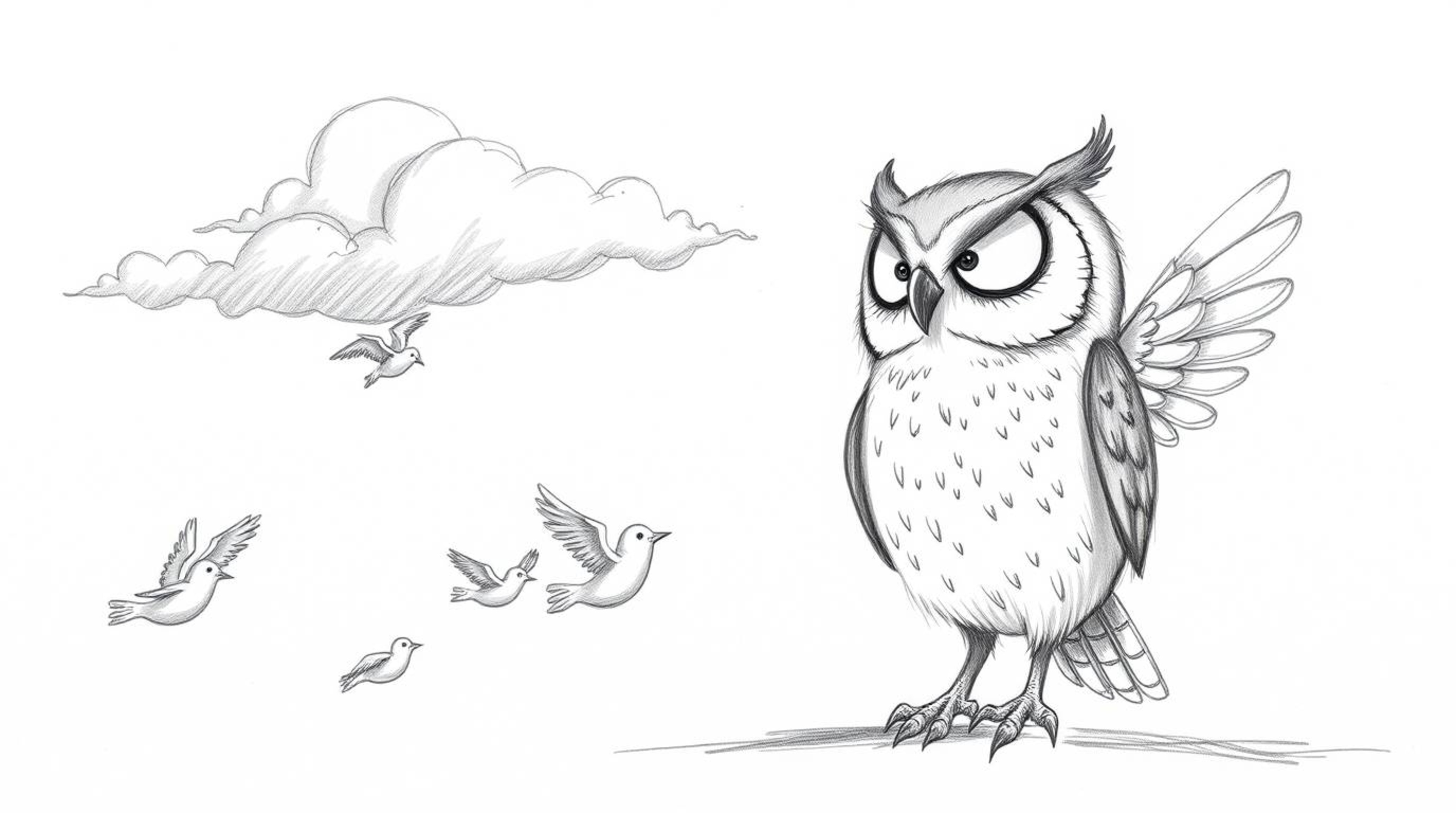 A heartwarming hand-drawn sketch in the style of Pixar depicts a blind owl with soft, feathery texture, guiding a flock of bi