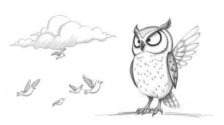 A heartwarming hand-drawn sketch in the style of Pixar depicts a blind owl with soft, feathery texture, guiding a flock of bi