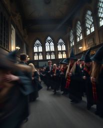 A captivating long-exposure photograph showcases a magical school brimming with young wizards.  The image features a tight cl