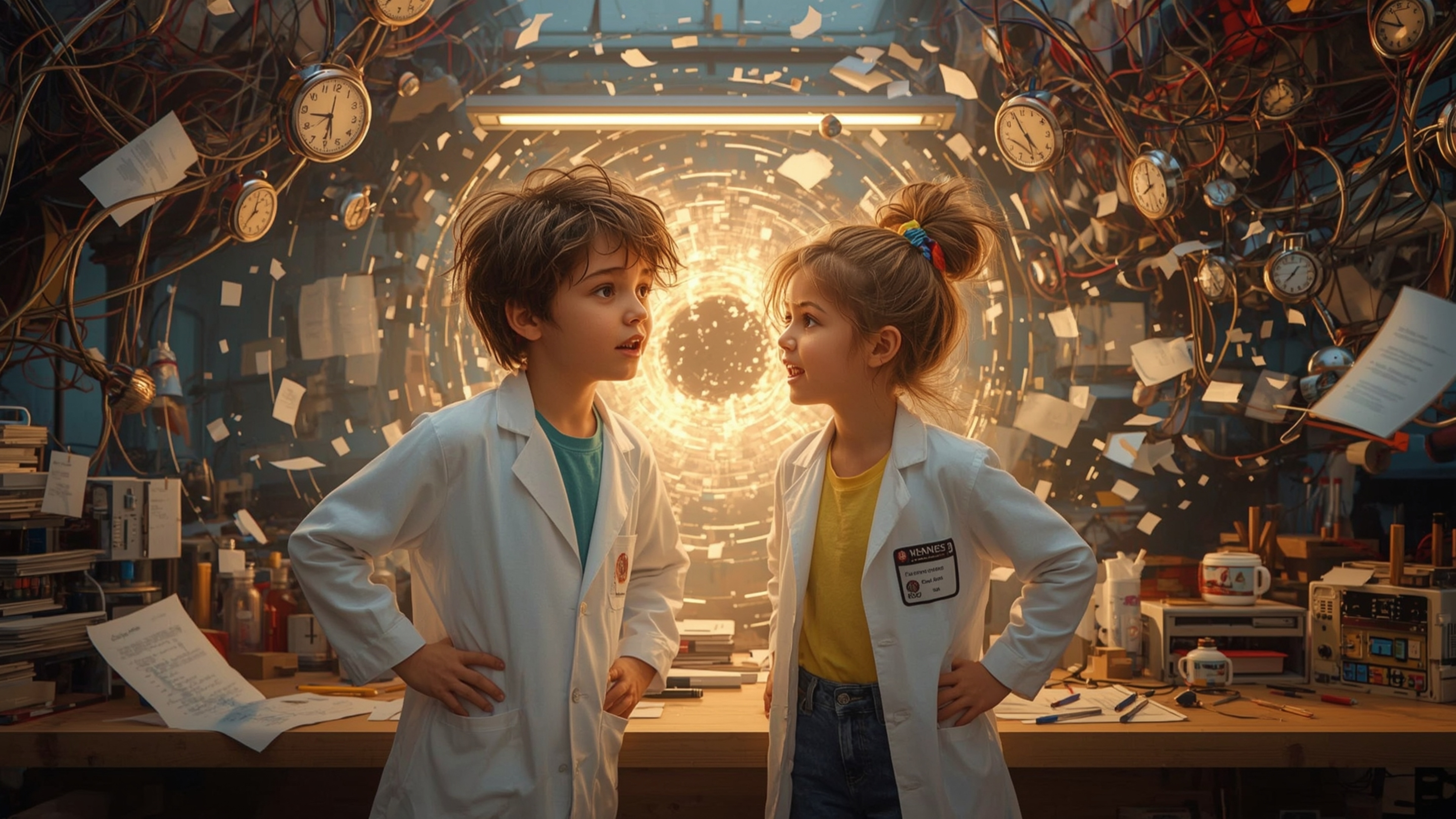 In a vibrant, cinematic photograph with a whimsical, Pixar-esque style, two enthusiastic science fair students stand in their
