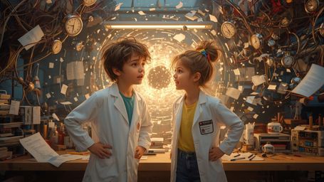 In a vibrant, cinematic photograph with a whimsical, Pixar-esque style, two enthusiastic science fair students stand in their